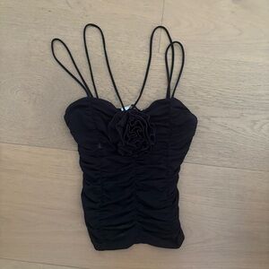 Mango Black Ruched top with flower Detail